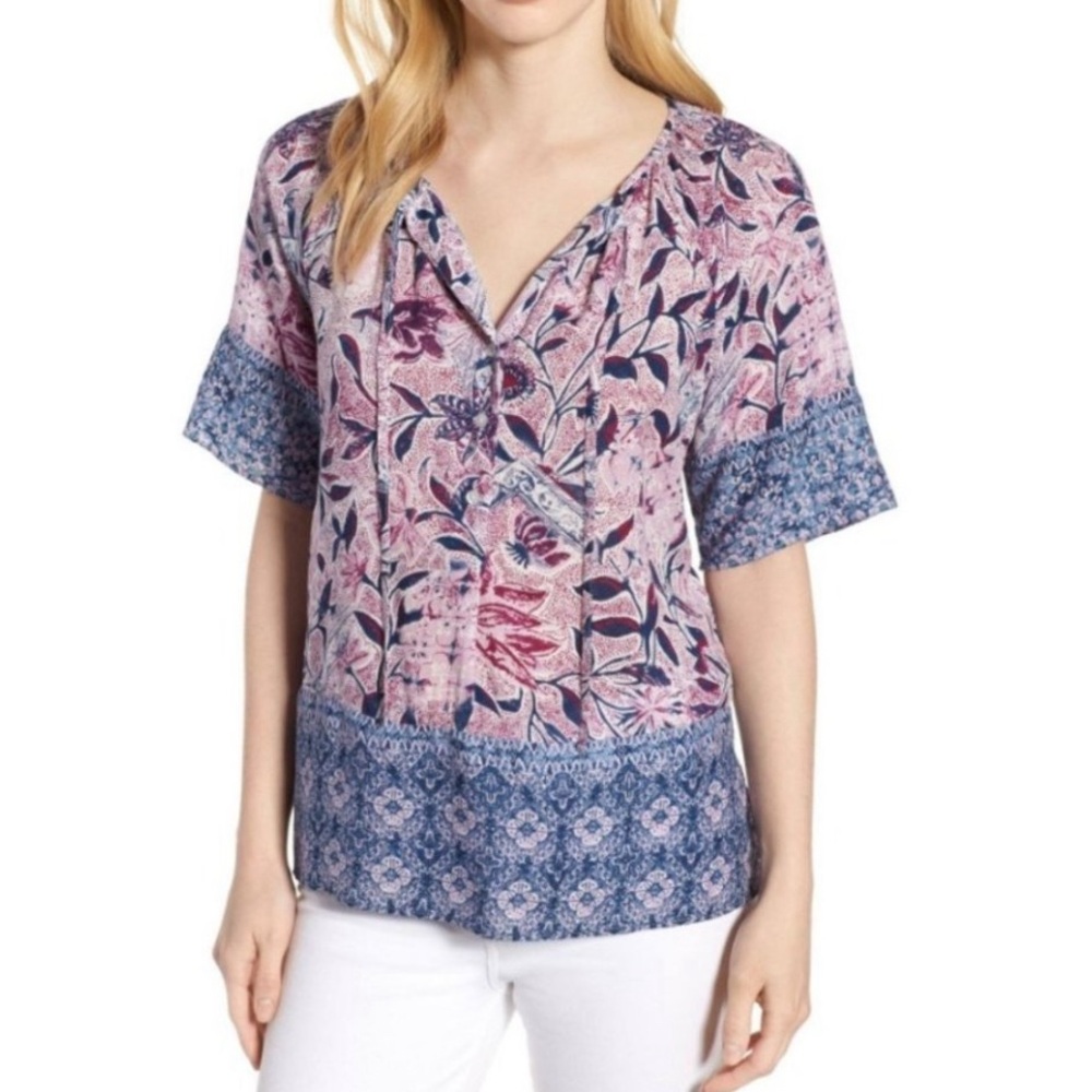 NWT Lucky Brand Border Print Peasant Top